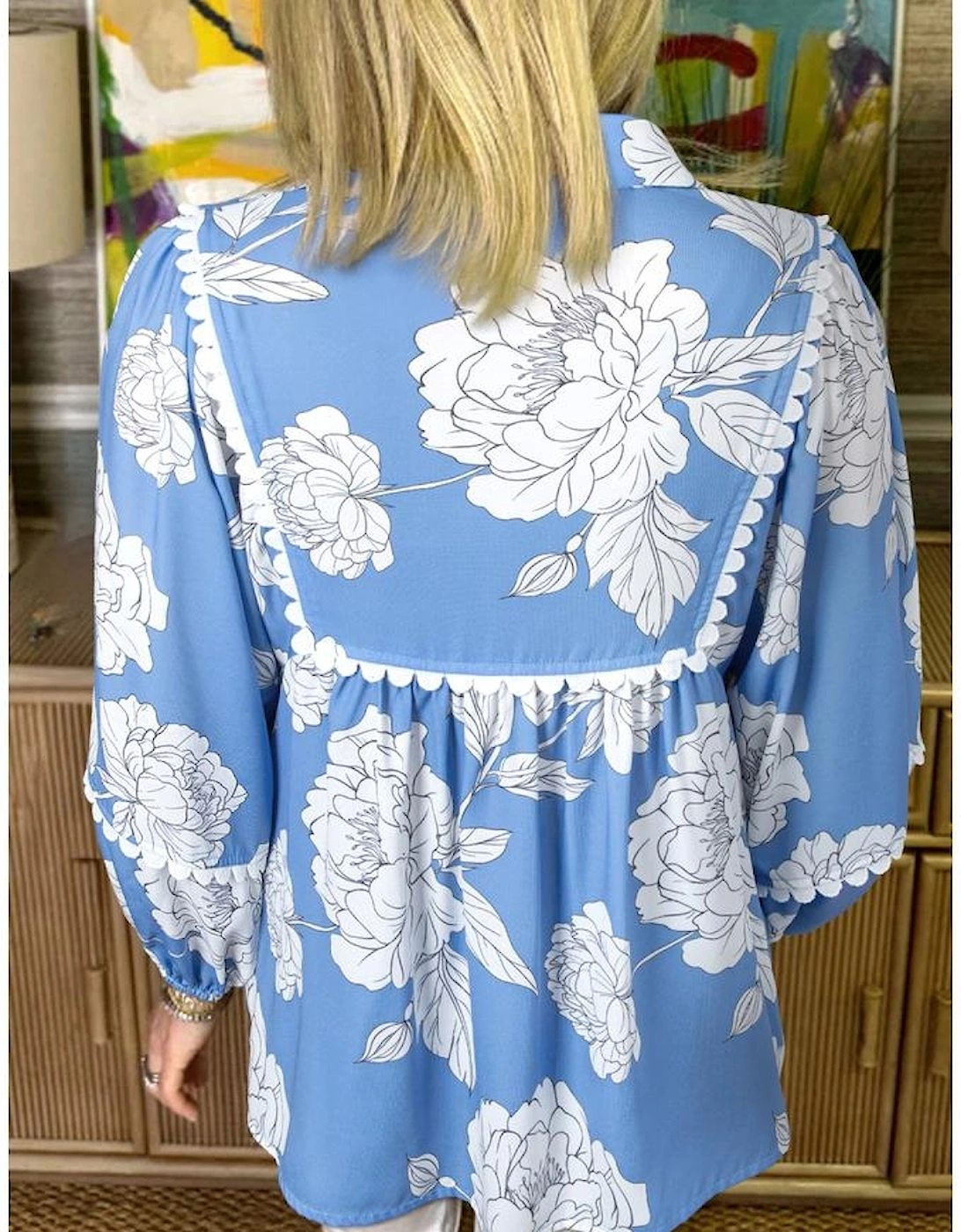 Sky Blue Floral Ricrac Trim Collared Puff Sleeve Loose Blouse, 11 of 10