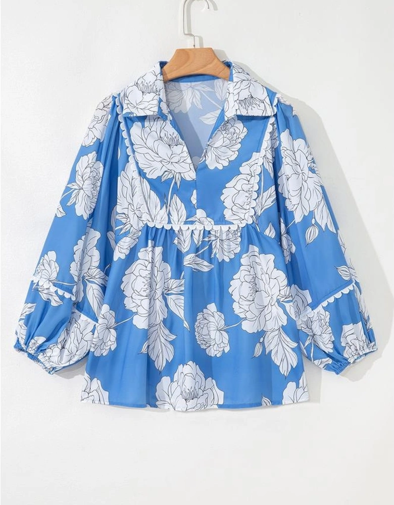 Sky Blue Floral Ricrac Trim Collared Puff Sleeve Loose Blouse