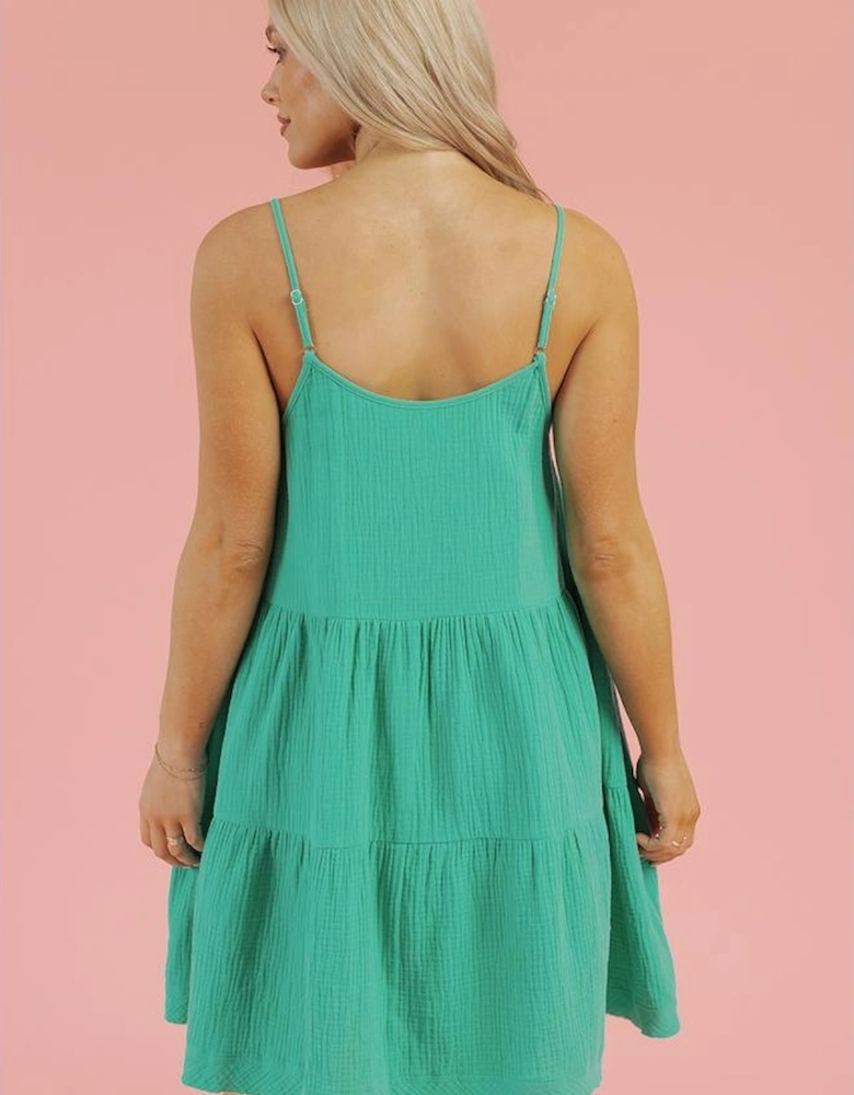 Sea Green Textured Buttoned Thin Strap Tiered Loose Fit Mini Dress