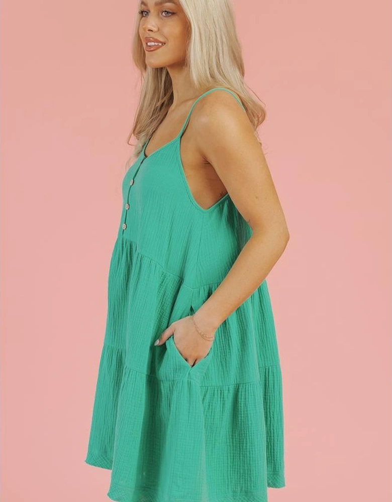 Sea Green Textured Buttoned Thin Strap Tiered Loose Fit Mini Dress