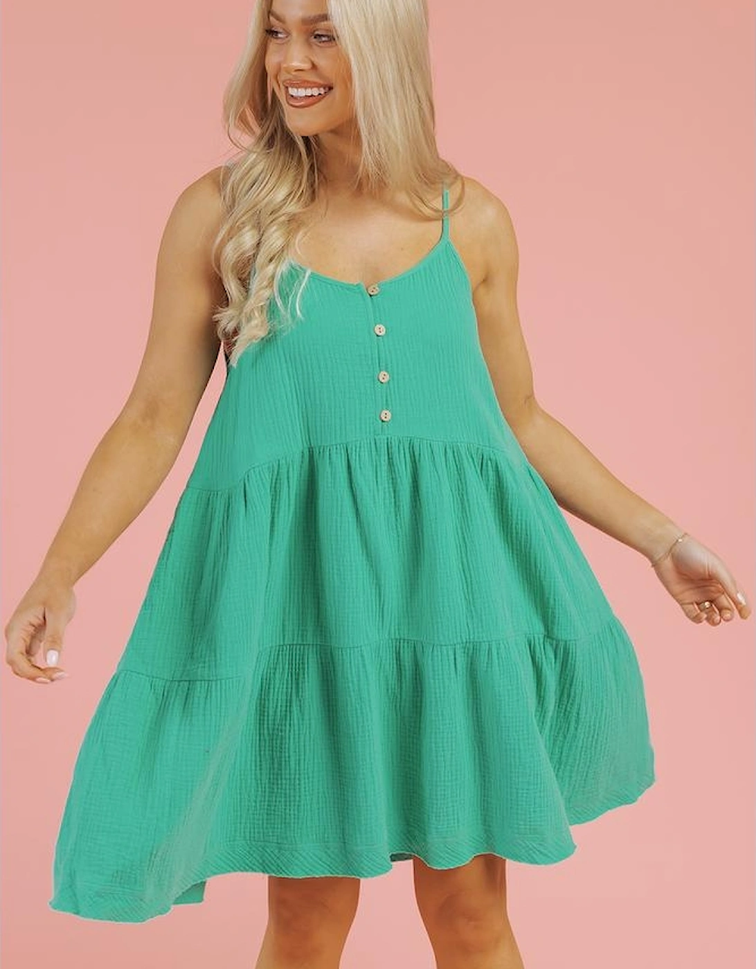 Sea Green Textured Buttoned Thin Strap Tiered Loose Fit Mini Dress