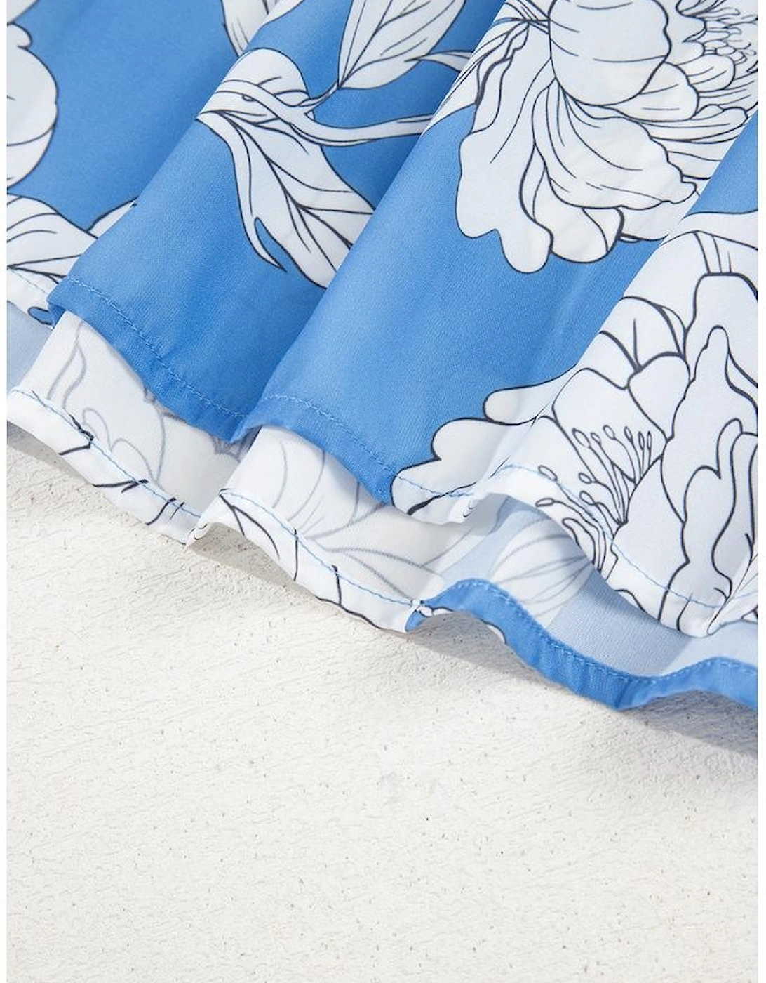 Sky Blue Floral Ricrac Trim Collared Puff Sleeve Loose Blouse