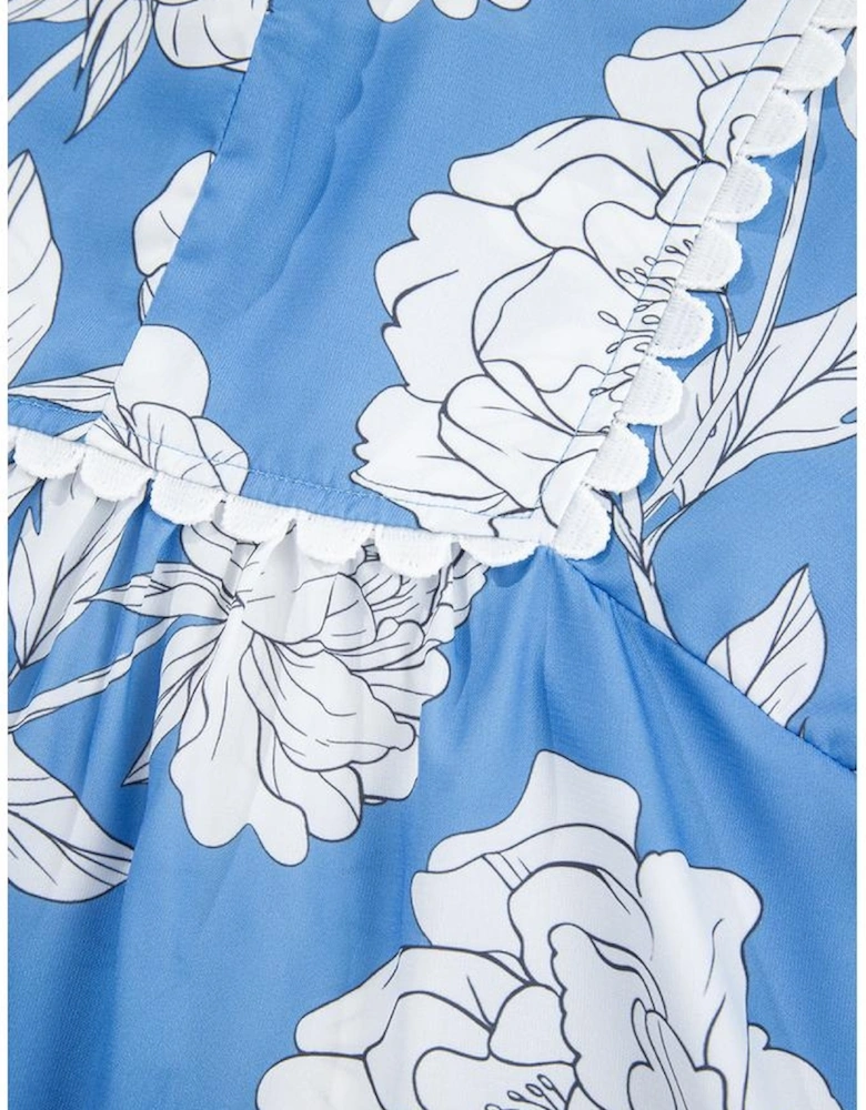 Sky Blue Floral Ricrac Trim Collared Puff Sleeve Loose Blouse