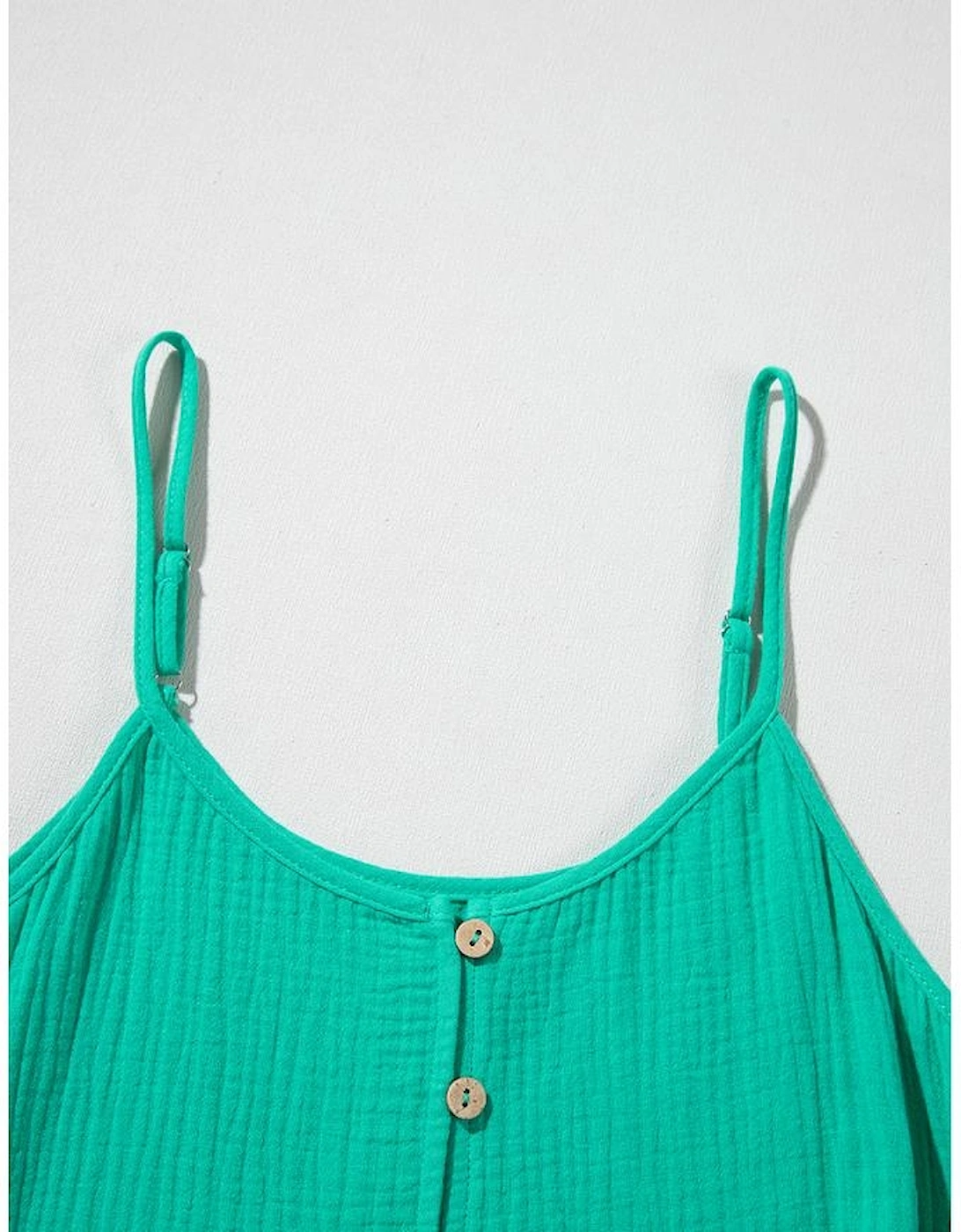 Sea Green Textured Buttoned Thin Strap Tiered Loose Fit Mini Dress