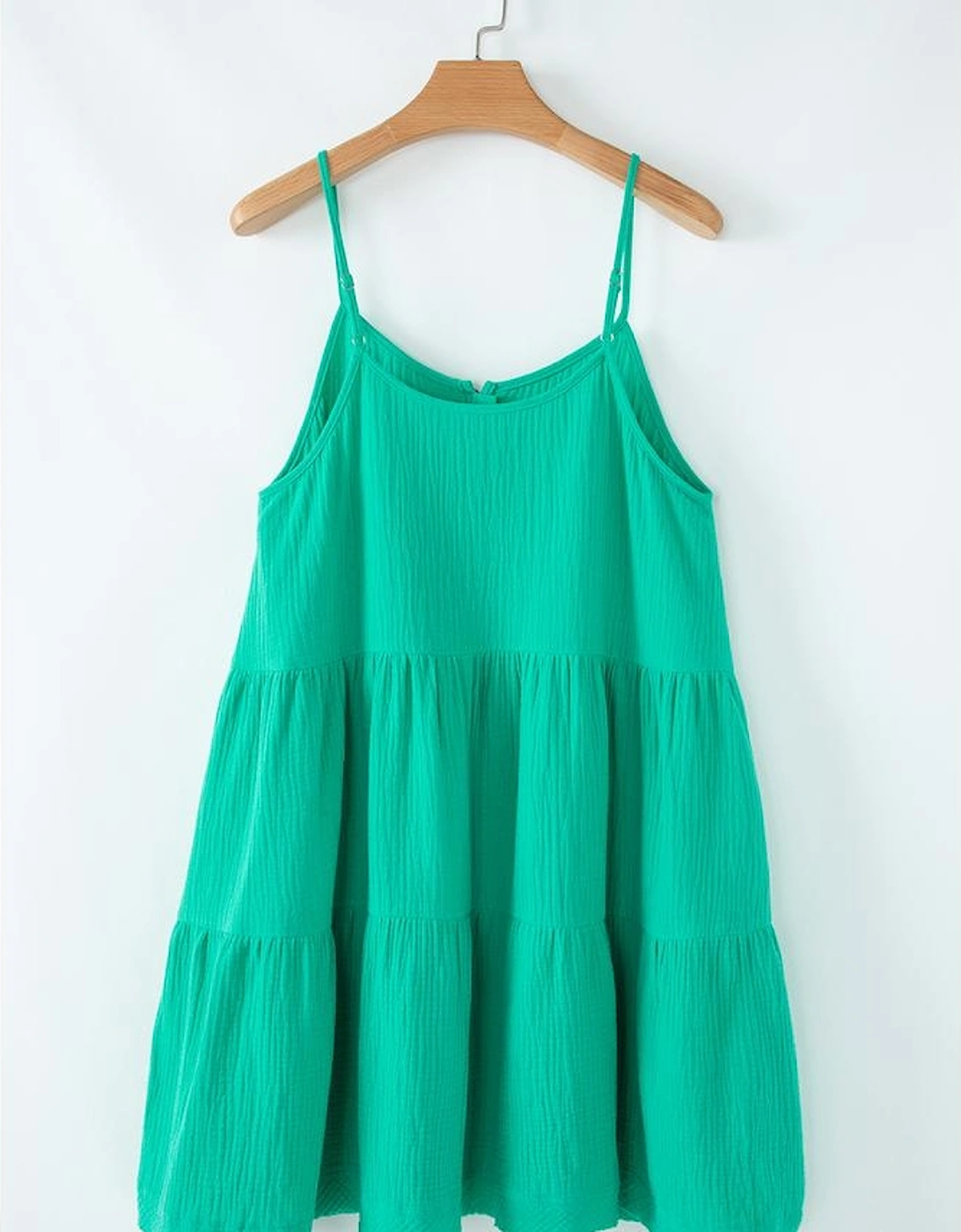 Sea Green Textured Buttoned Thin Strap Tiered Loose Fit Mini Dress