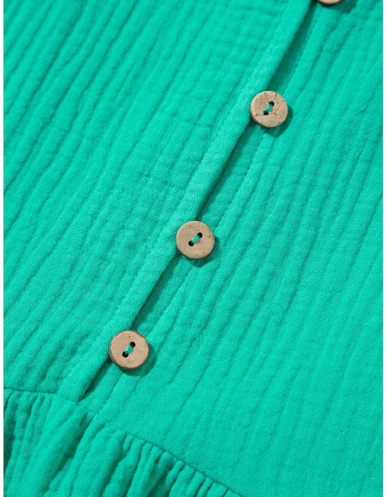 Sea Green Textured Buttoned Thin Strap Tiered Loose Fit Mini Dress