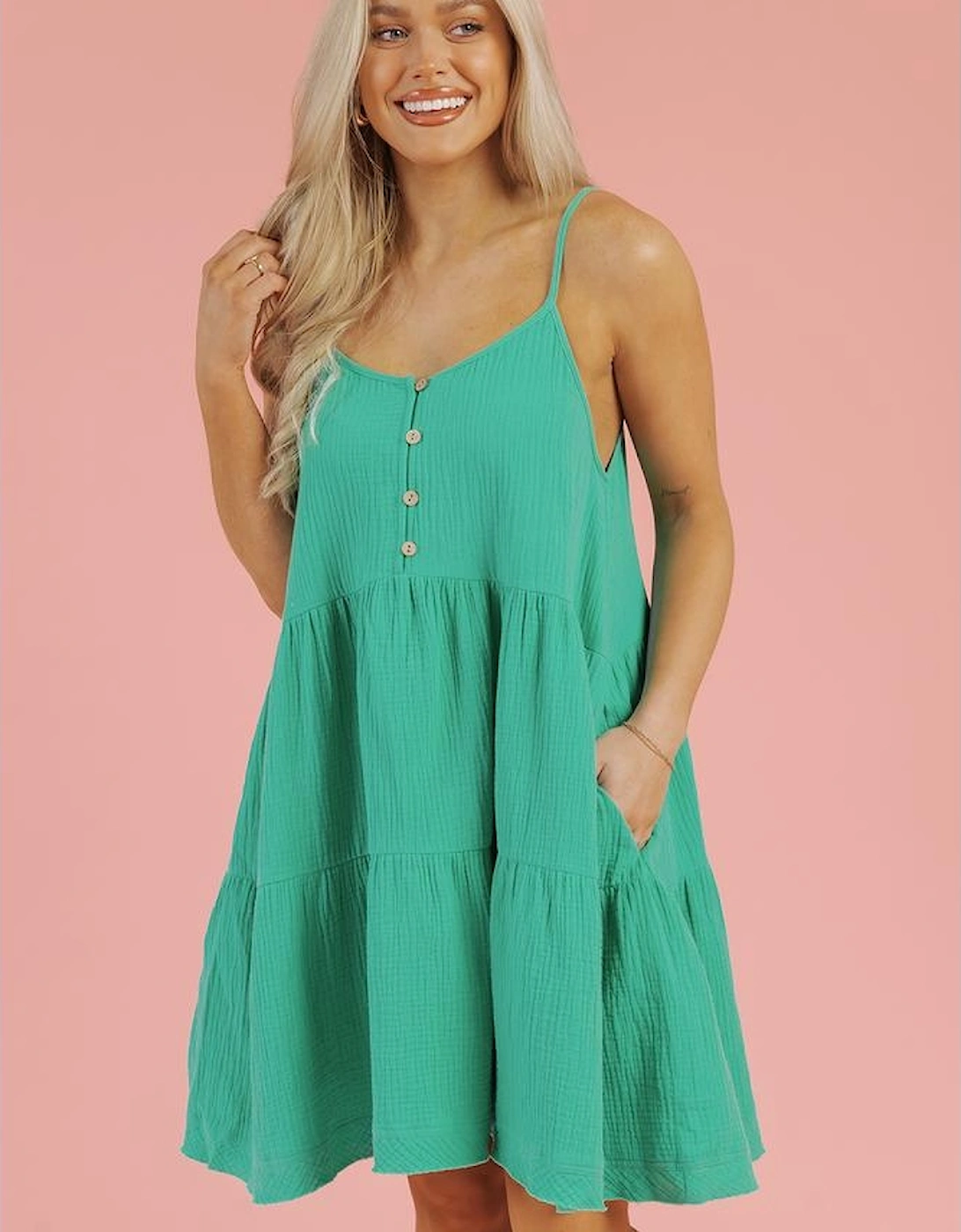 Sea Green Textured Buttoned Thin Strap Tiered Loose Fit Mini Dress