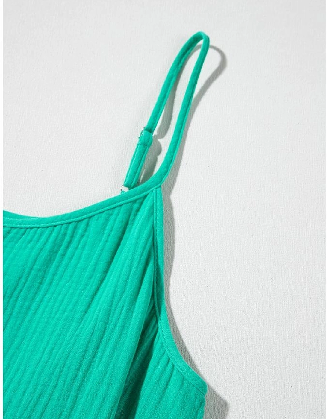 Sea Green Textured Buttoned Thin Strap Tiered Loose Fit Mini Dress