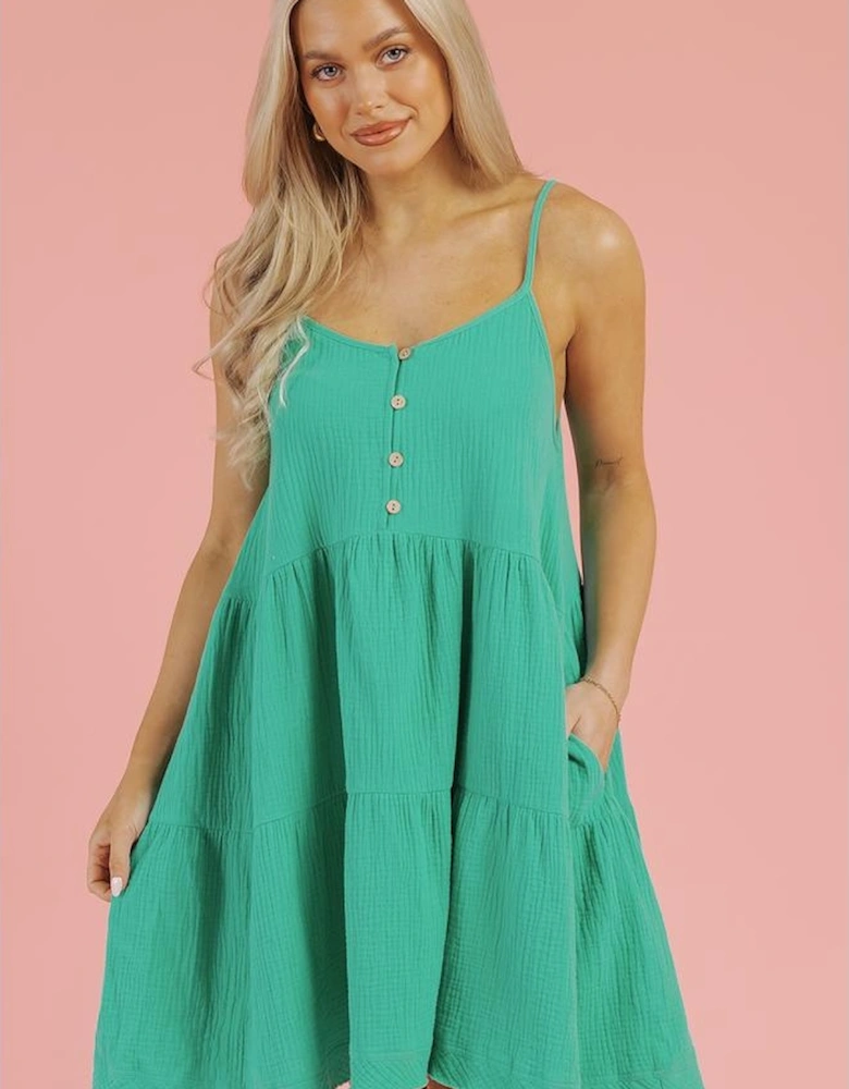 Sea Green Textured Buttoned Thin Strap Tiered Loose Fit Mini Dress