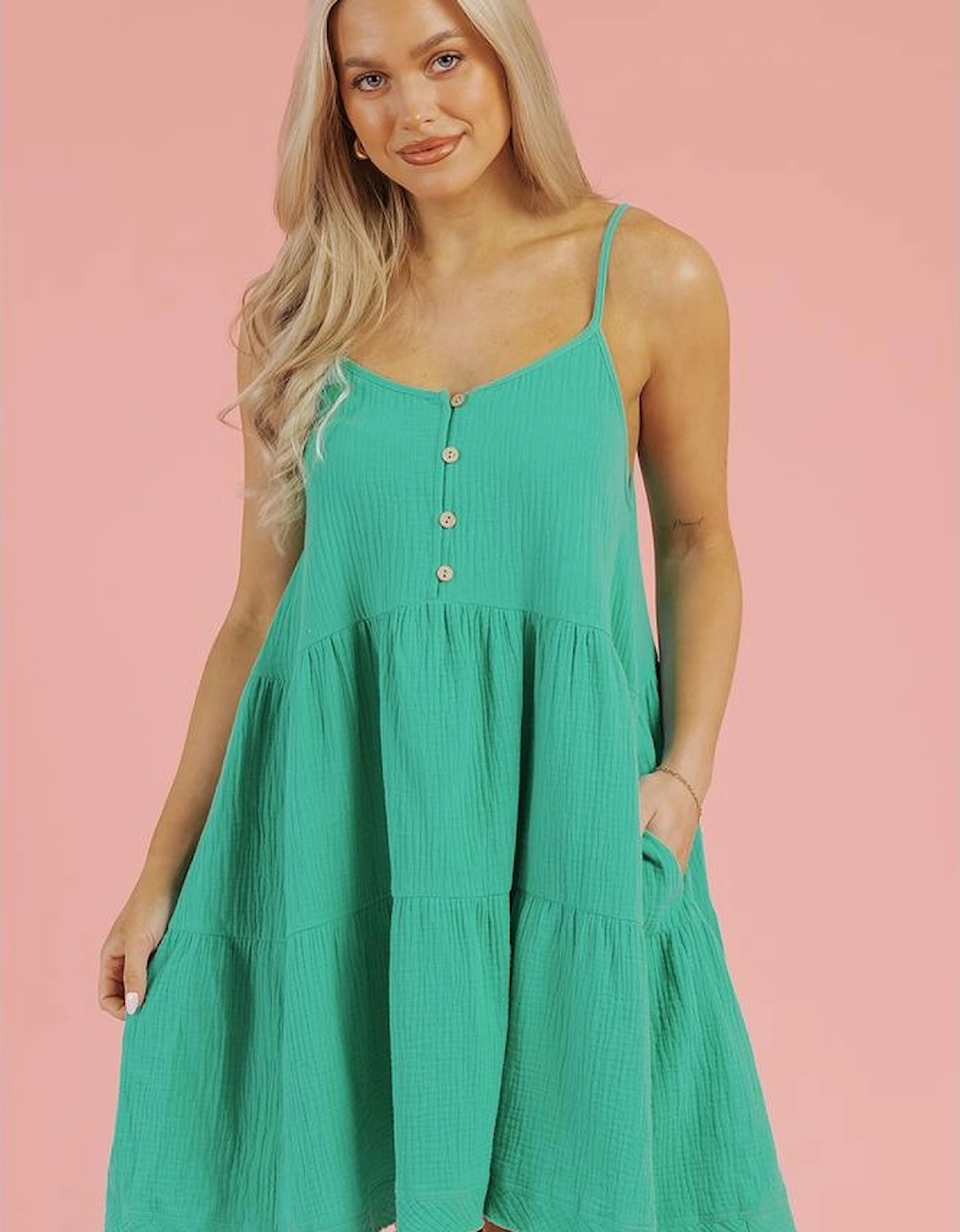 Sea Green Textured Buttoned Thin Strap Tiered Loose Fit Mini Dress