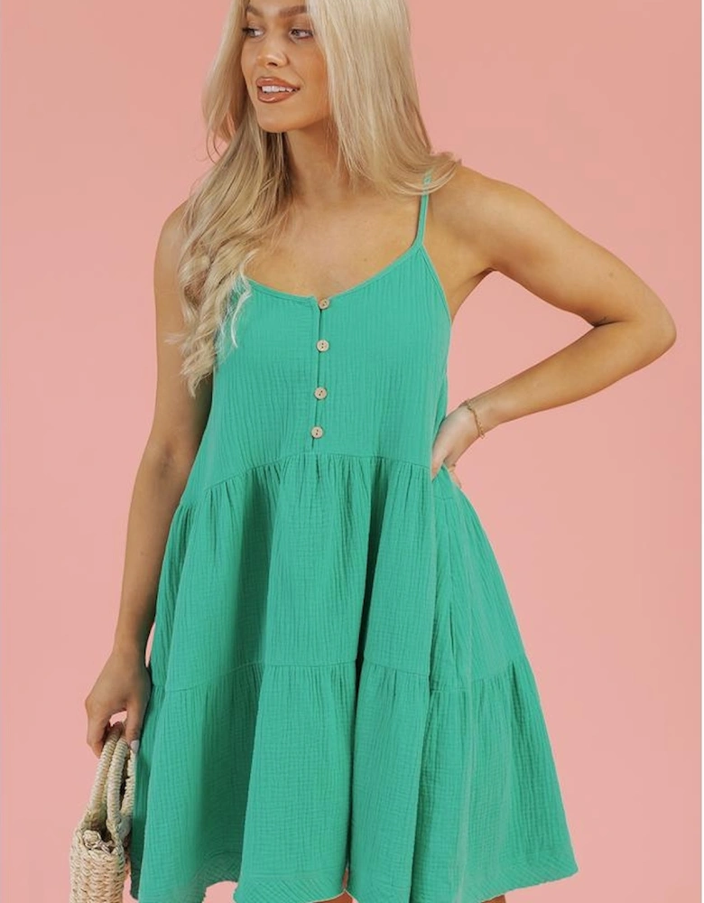 Sea Green Textured Buttoned Thin Strap Tiered Loose Fit Mini Dress