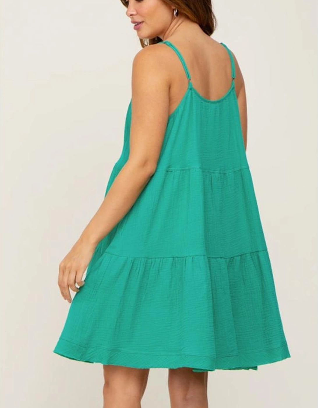 Sea Green Textured Buttoned Thin Strap Tiered Loose Fit Mini Dress