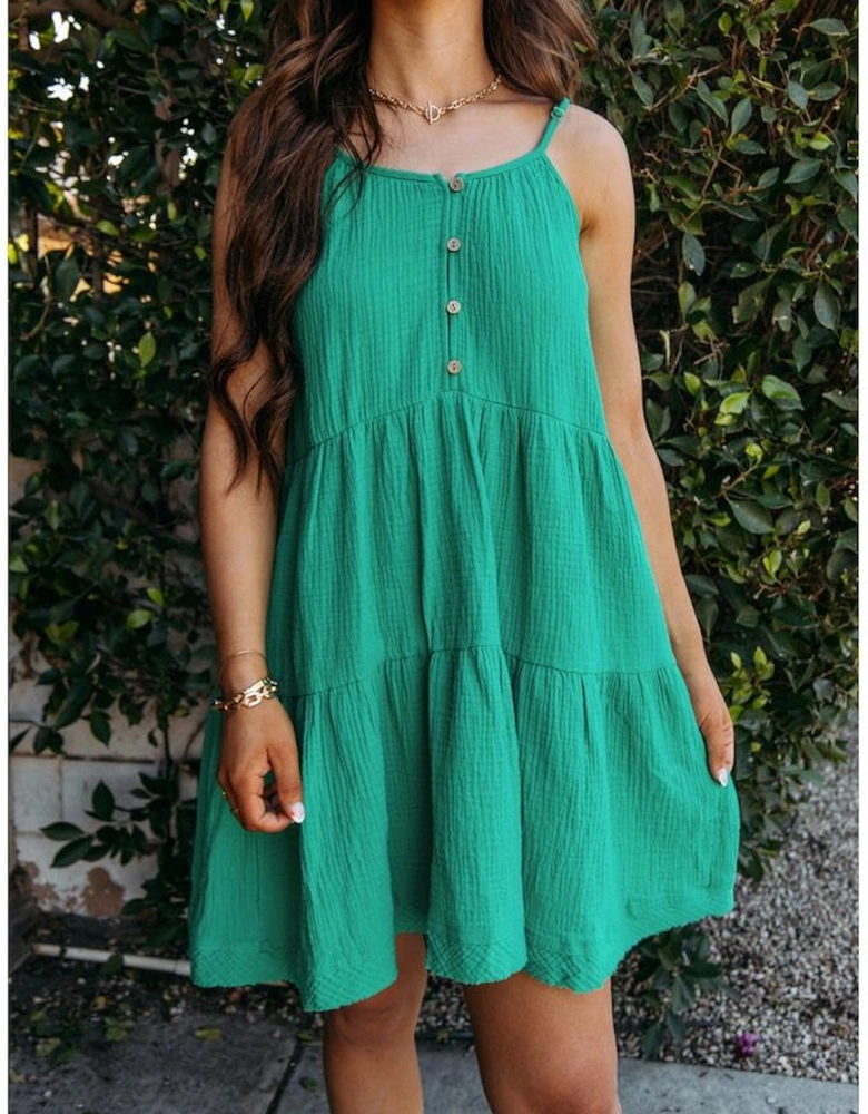 Sea Green Textured Buttoned Thin Strap Tiered Loose Fit Mini Dress
