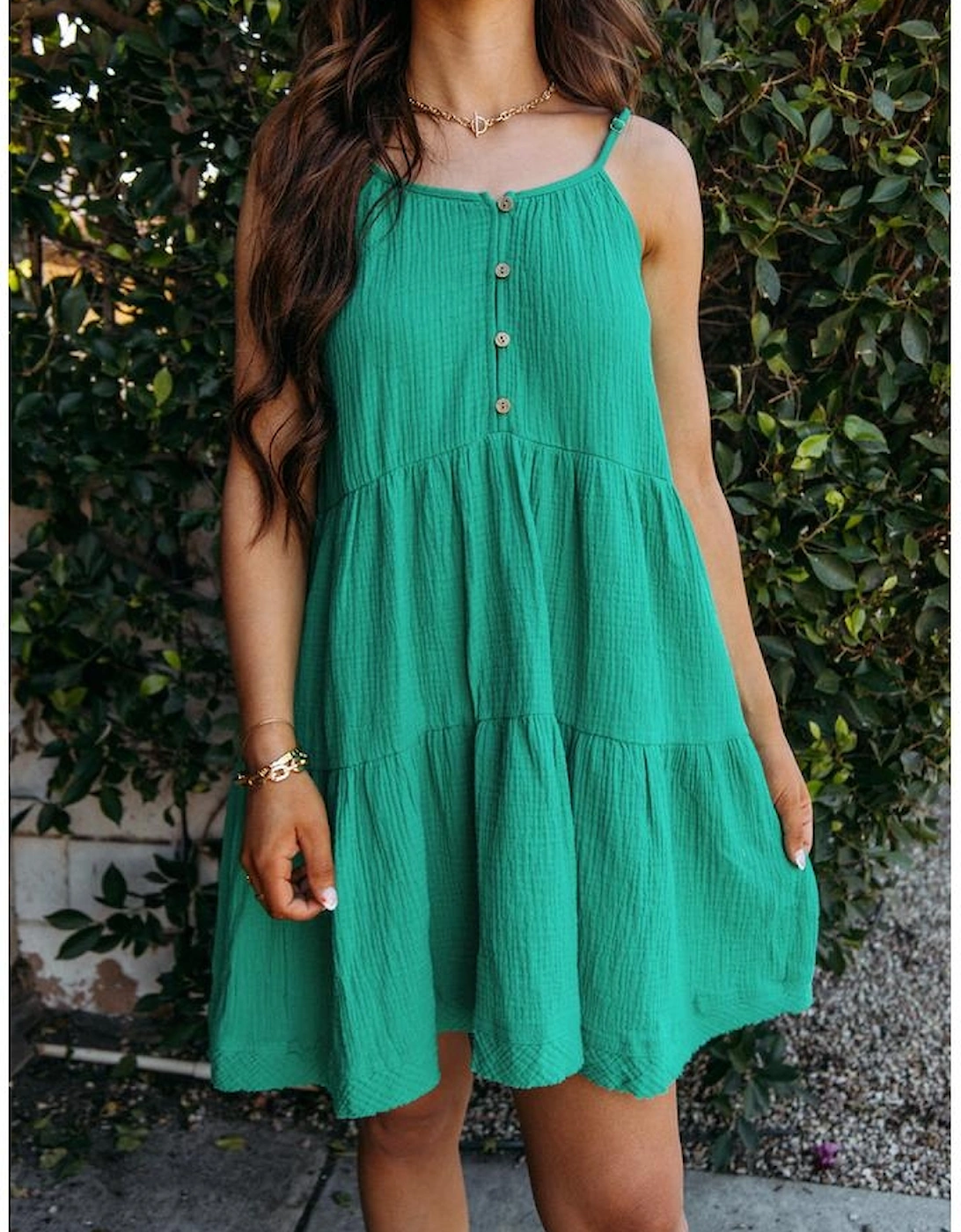 Sea Green Textured Buttoned Thin Strap Tiered Loose Fit Mini Dress