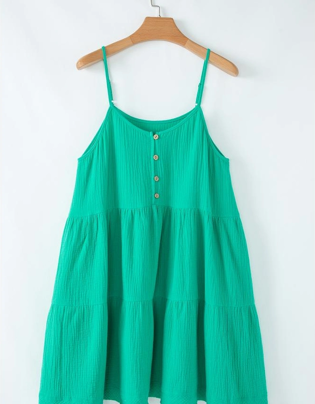 Sea Green Textured Buttoned Thin Strap Tiered Loose Fit Mini Dress