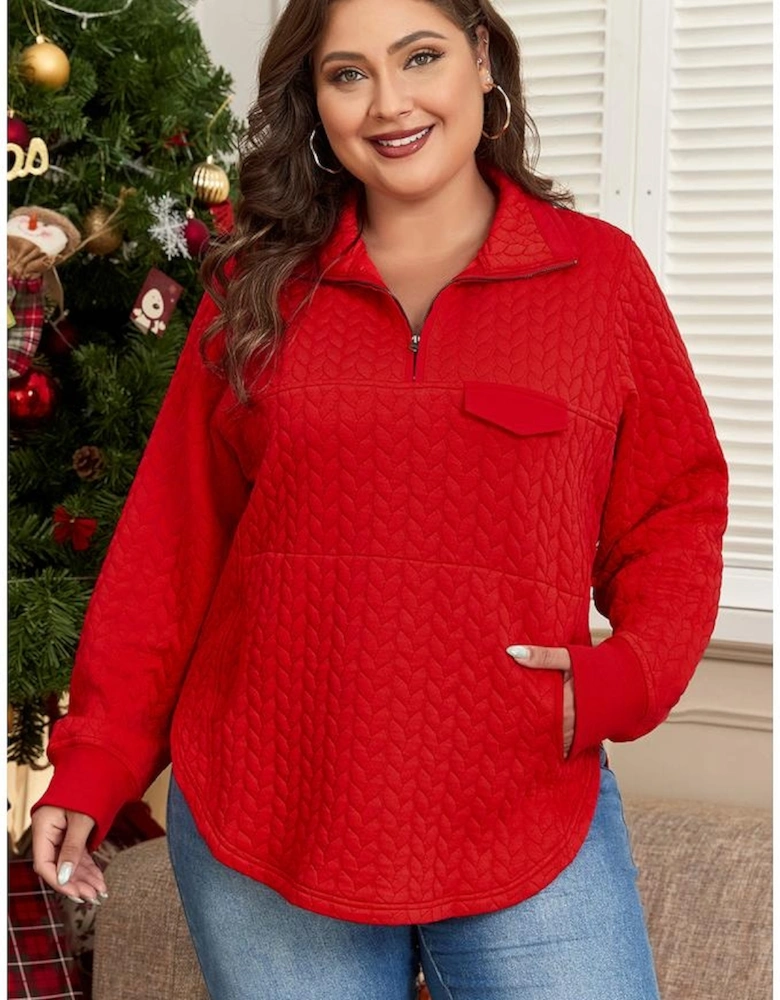 Tomato Red Cable Textured Quarter Zip Pocketed Plus Size Pullover