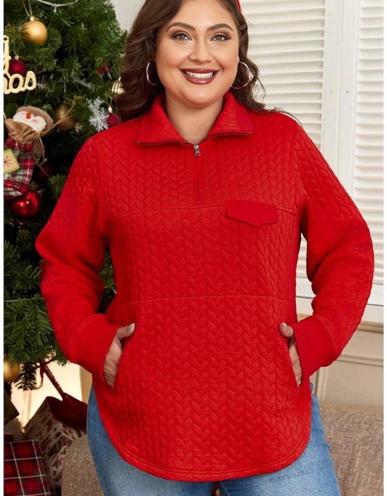 Tomato Red Cable Textured Quarter Zip Pocketed Plus Size Pullover