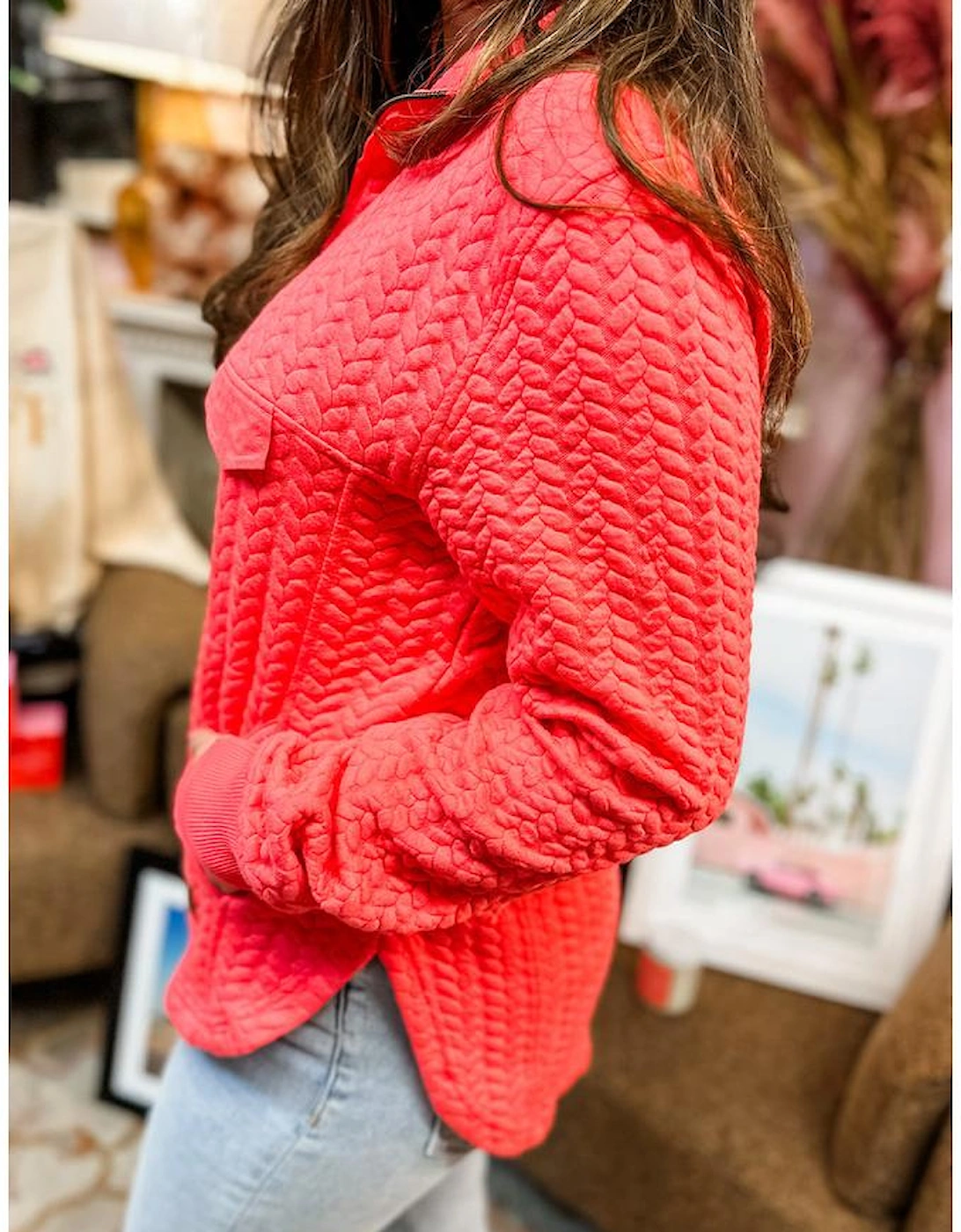 Tomato Red Cable Textured Quarter Zip Pocketed Plus Size Pullover, 13 of 12