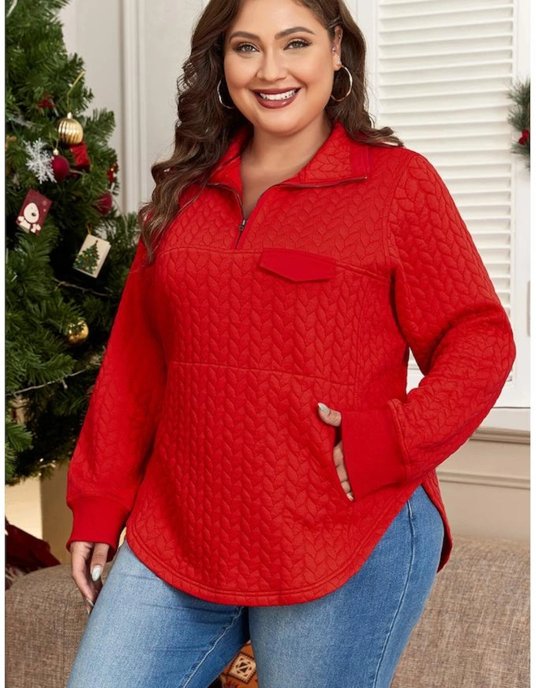 Tomato Red Cable Textured Quarter Zip Pocketed Plus Size Pullover