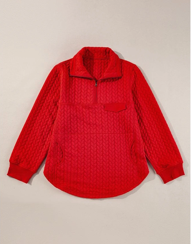 Tomato Red Cable Textured Quarter Zip Pocketed Plus Size Pullover