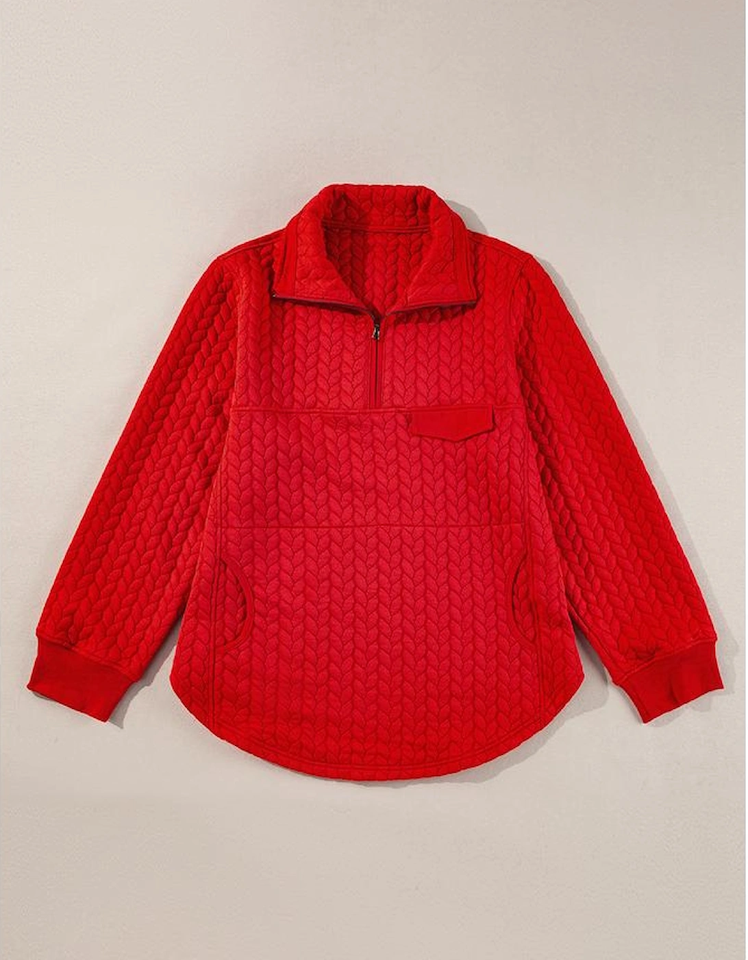 Tomato Red Cable Textured Quarter Zip Pocketed Plus Size Pullover