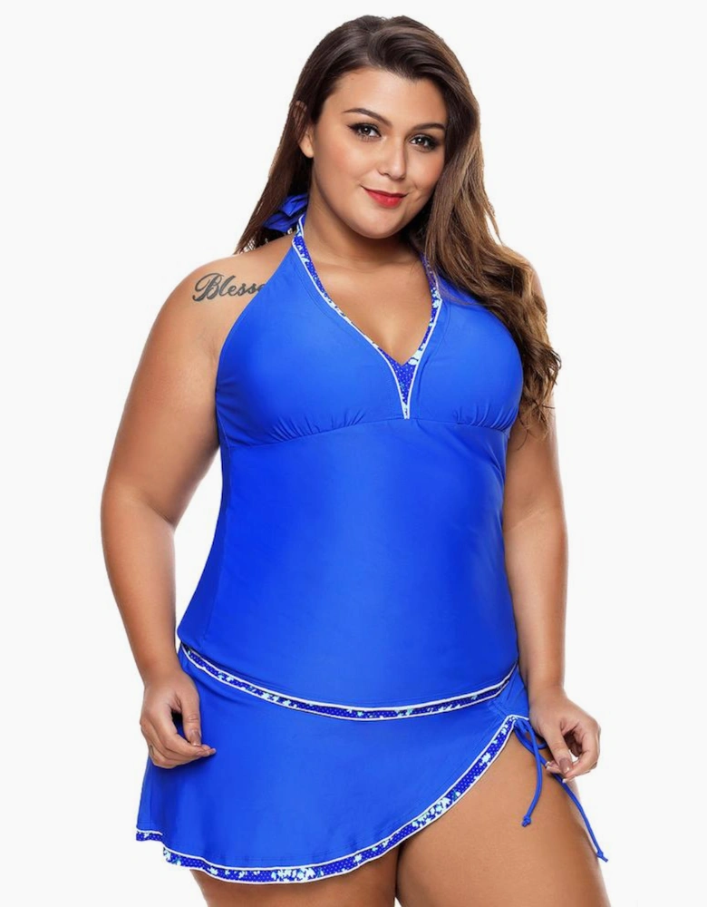 Contrast Trim Royal Blue Halter Tankini Skort Swimsuit