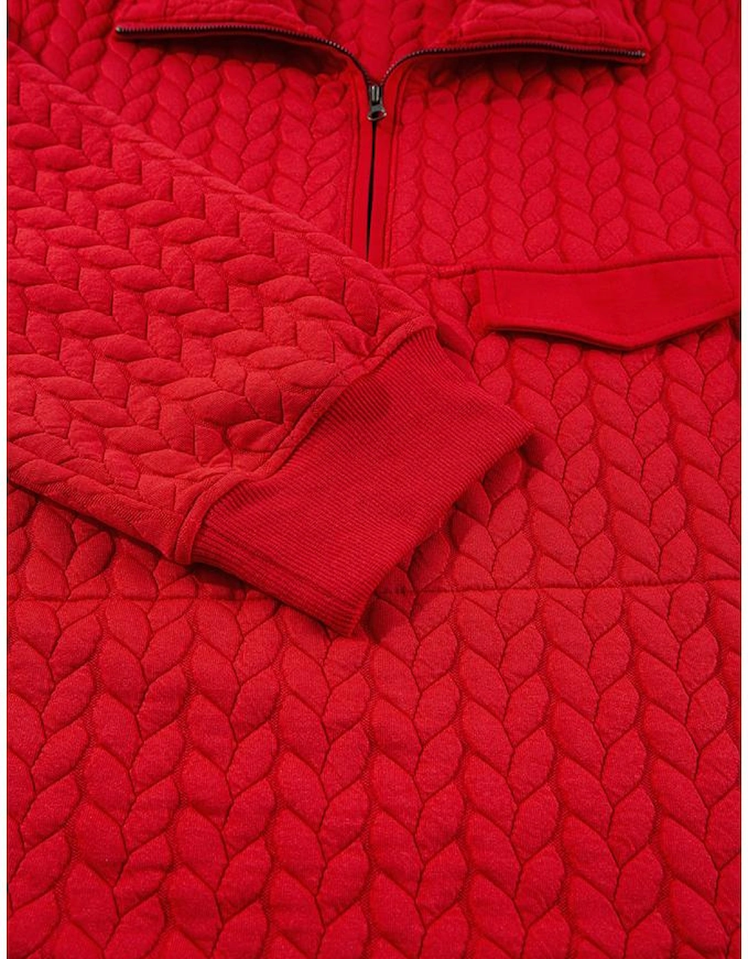 Tomato Red Cable Textured Quarter Zip Pocketed Plus Size Pullover