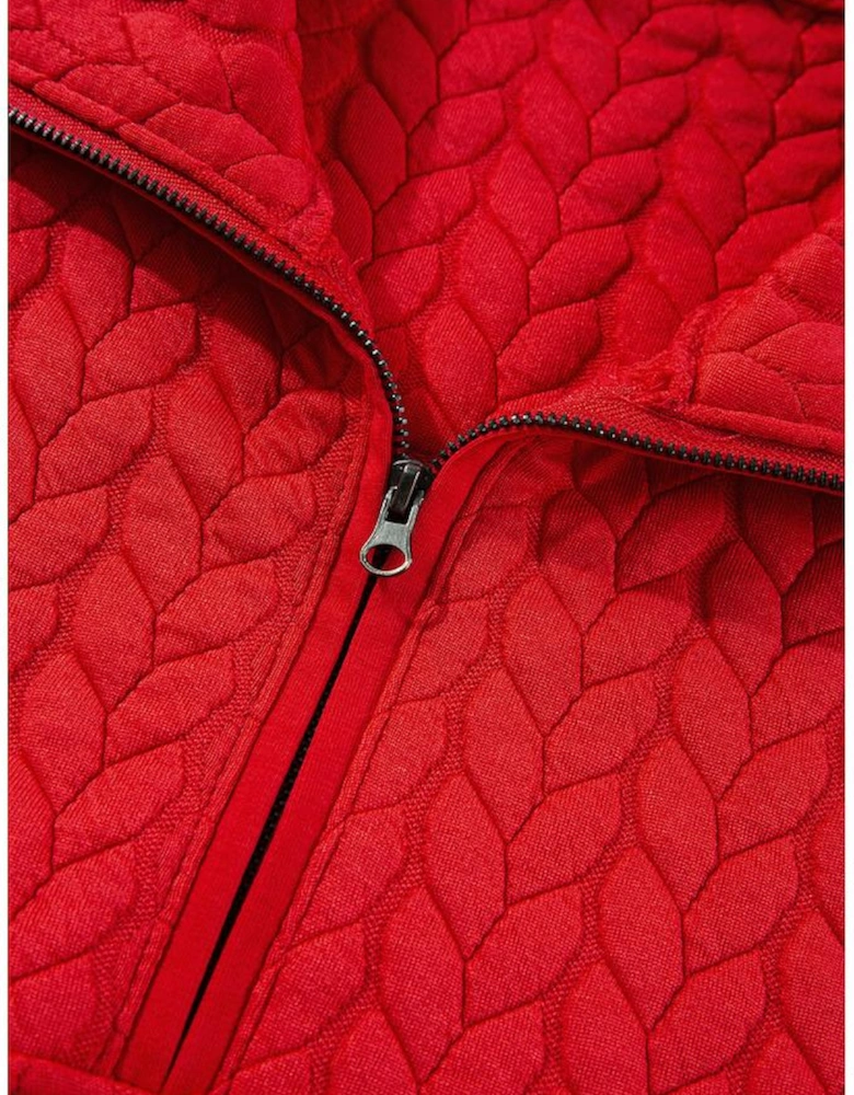 Tomato Red Cable Textured Quarter Zip Pocketed Plus Size Pullover