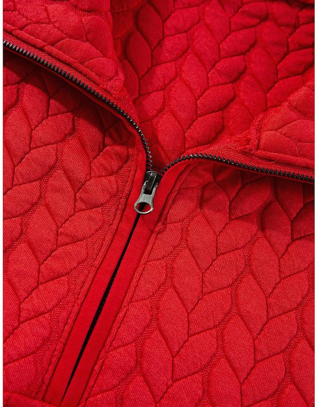 Tomato Red Cable Textured Quarter Zip Pocketed Plus Size Pullover