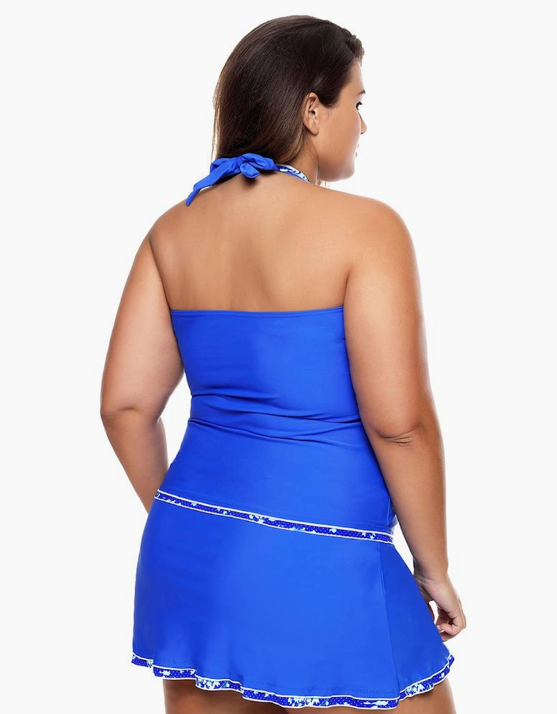 Contrast Trim Royal Blue Halter Tankini Skort Swimsuit