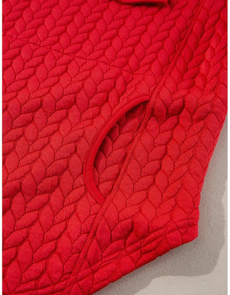 Tomato Red Cable Textured Quarter Zip Pocketed Plus Size Pullover