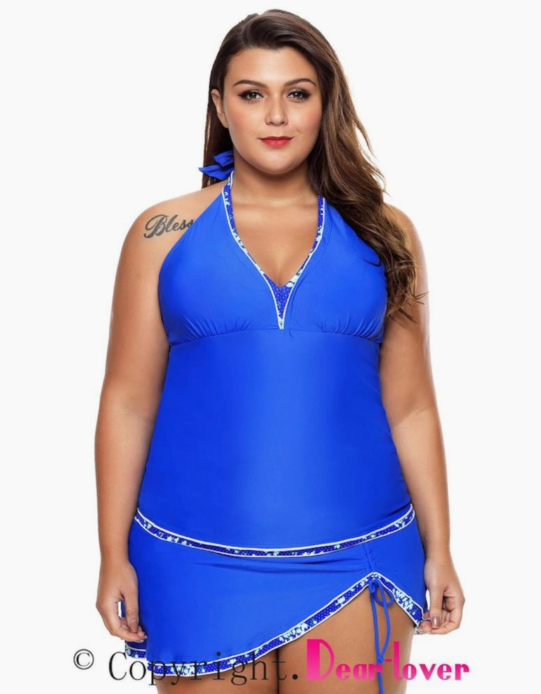Contrast Trim Royal Blue Halter Tankini Skort Swimsuit