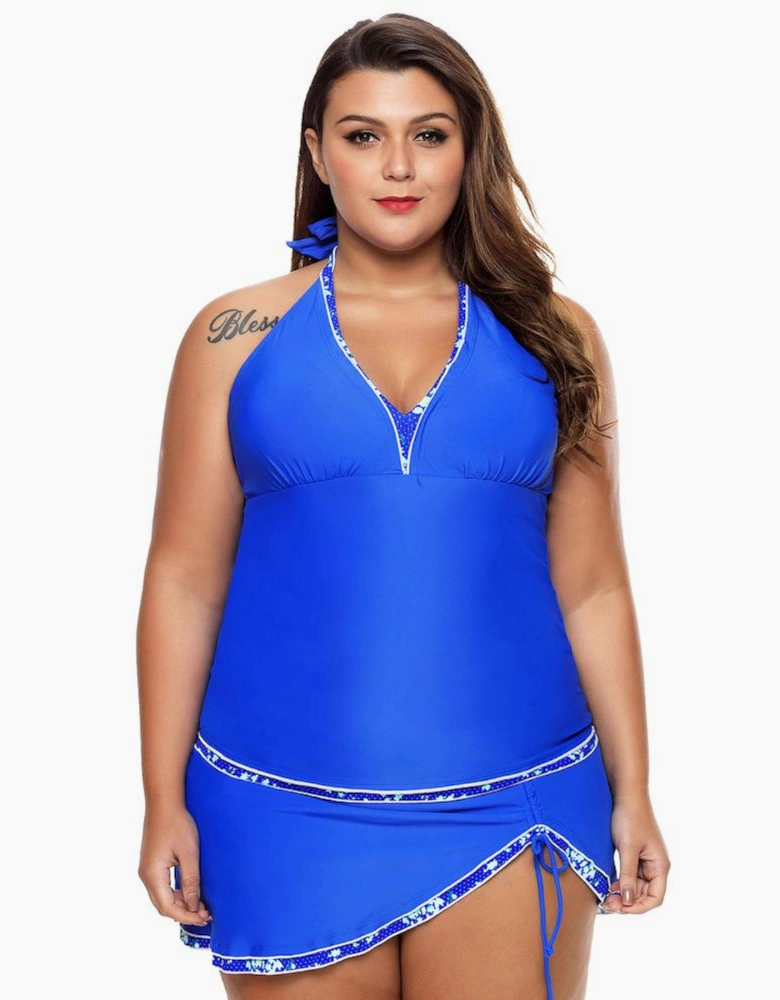 Contrast Trim Royal Blue Halter Tankini Skort Swimsuit