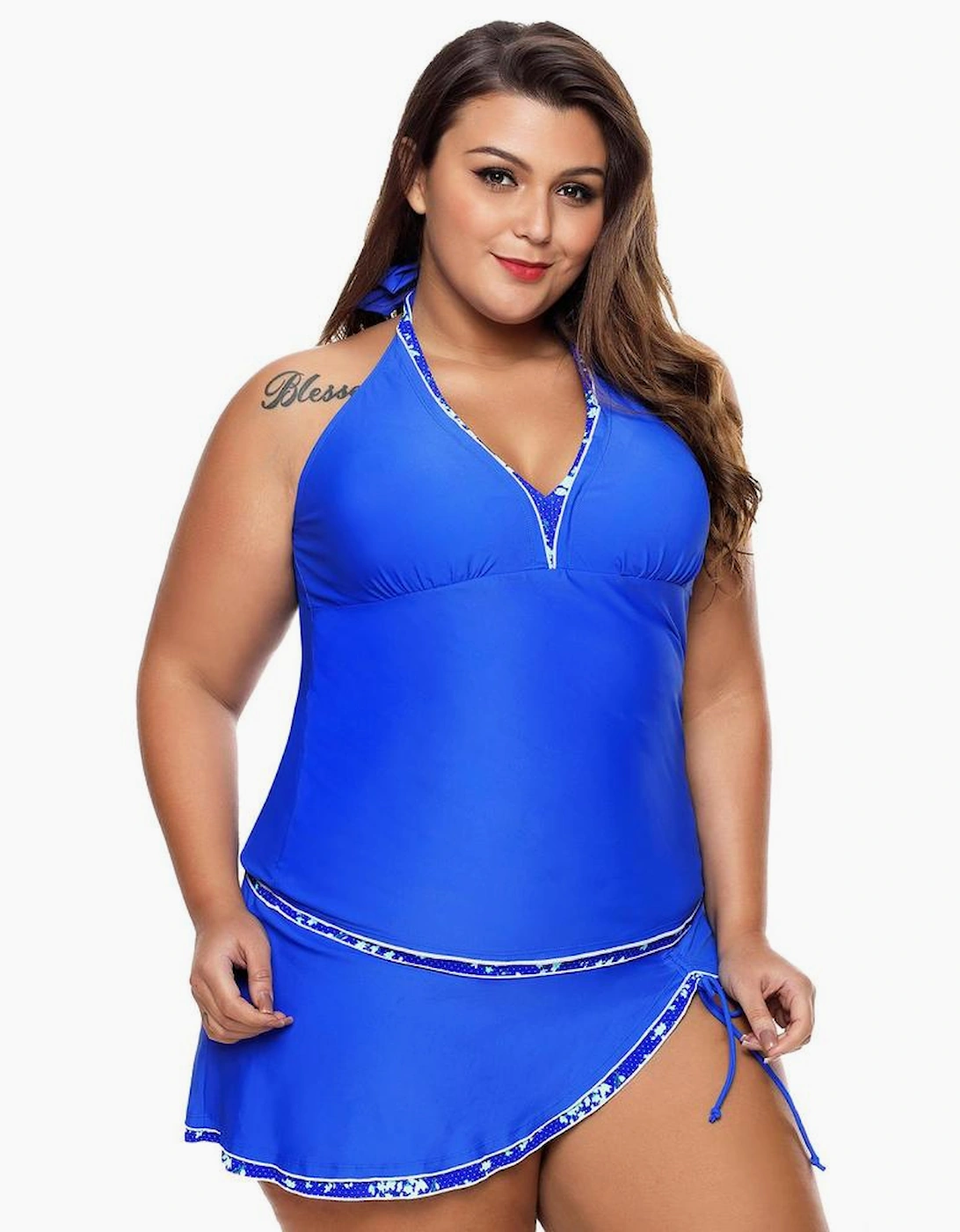 Contrast Trim Royal Blue Halter Tankini Skort Swimsuit