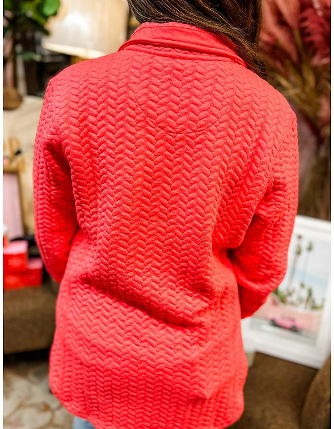 Tomato Red Cable Textured Quarter Zip Pocketed Plus Size Pullover