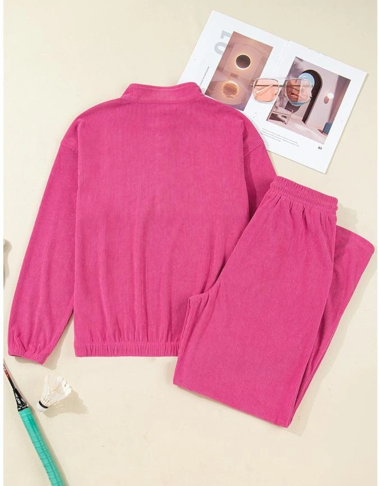 Peach Blossom Half Button Pullover Drawstring Pants Solid Color Corduroy 2pcs Outfit
