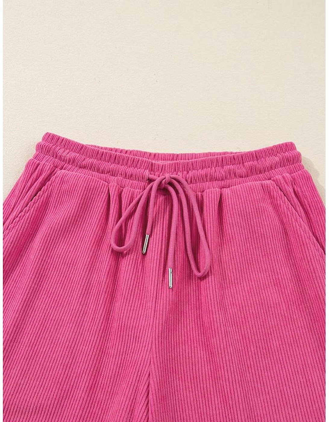 Peach Blossom Half Button Pullover Drawstring Pants Solid Color Corduroy 2pcs Outfit