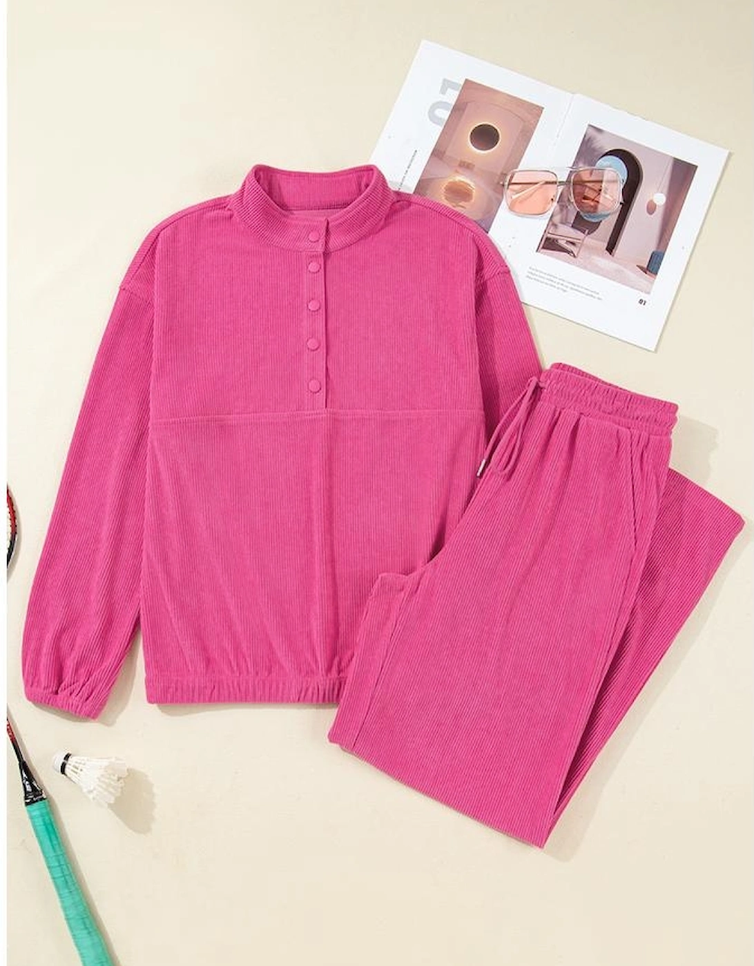 Peach Blossom Half Button Pullover Drawstring Pants Solid Color Corduroy 2pcs Outfit
