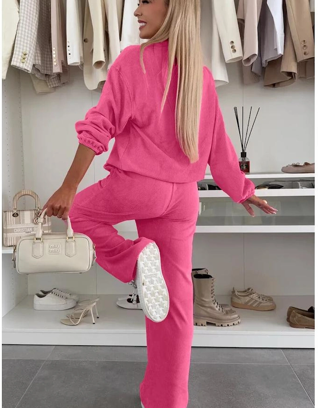 Peach Blossom Half Button Pullover Drawstring Pants Solid Color Corduroy 2pcs Outfit, 16 of 15