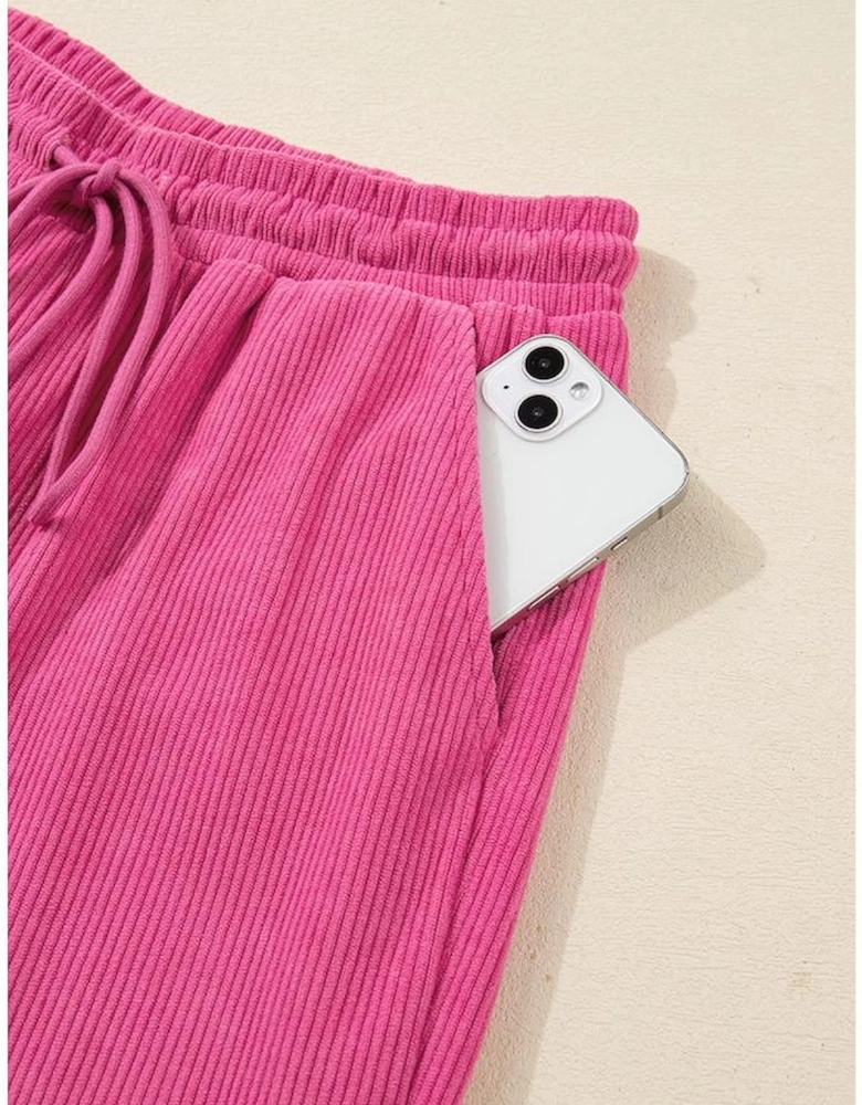 Peach Blossom Half Button Pullover Drawstring Pants Solid Color Corduroy 2pcs Outfit