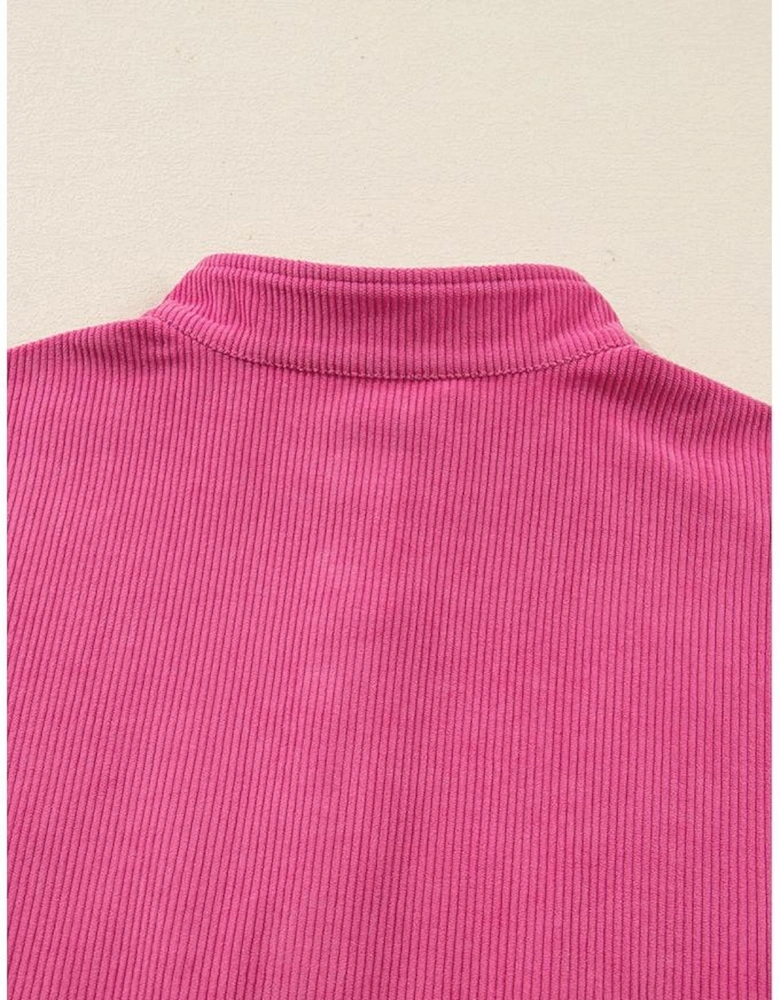 Peach Blossom Half Button Pullover Drawstring Pants Solid Color Corduroy 2pcs Outfit