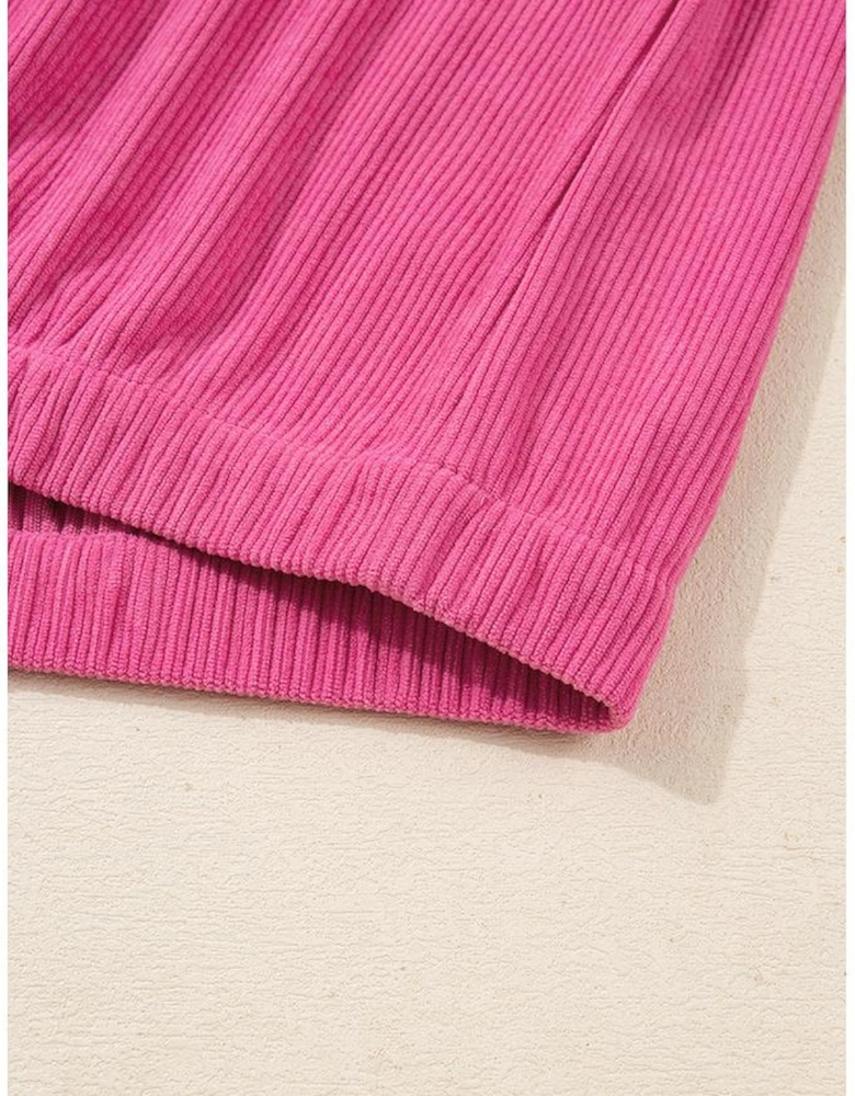 Peach Blossom Half Button Pullover Drawstring Pants Solid Color Corduroy 2pcs Outfit