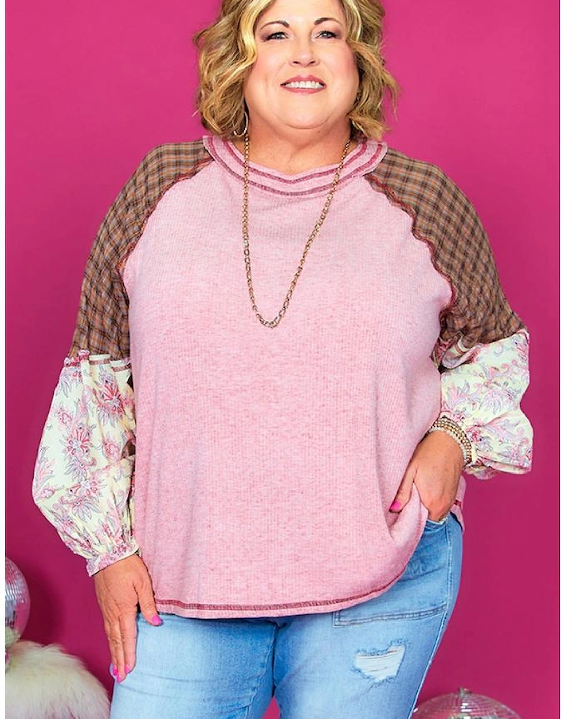 Pink Checkered Paisley Patchwork Raglan Sleeve Seamed Plus Size Top