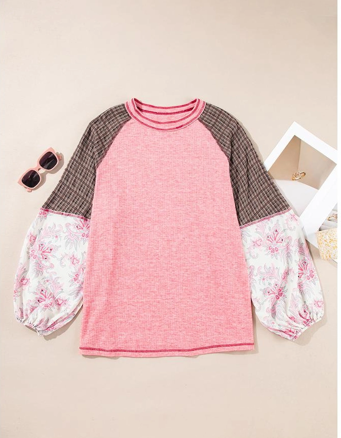 Pink Checkered Paisley Patchwork Raglan Sleeve Seamed Plus Size Top
