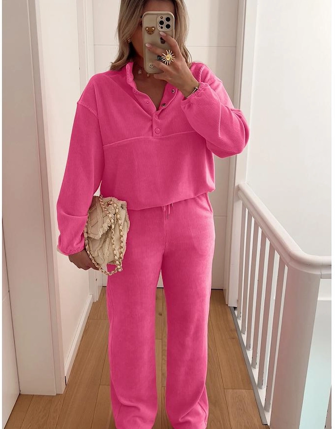 Peach Blossom Half Button Pullover Drawstring Pants Solid Color Corduroy 2pcs Outfit