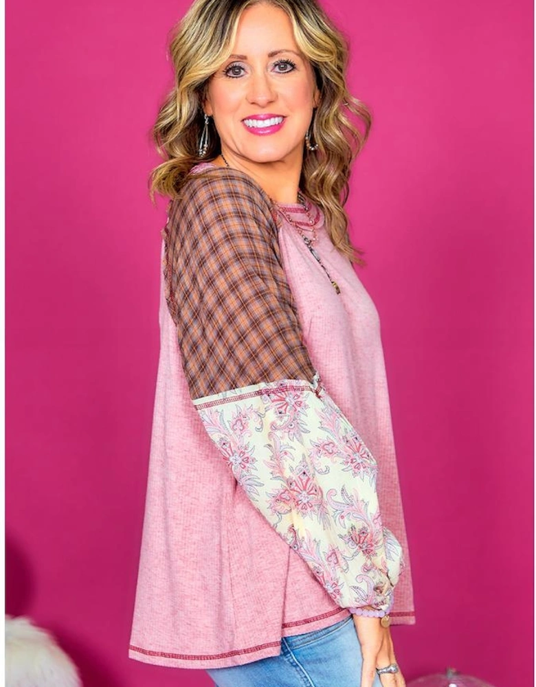 Pink Checkered Paisley Patchwork Raglan Sleeve Seamed Plus Size Top