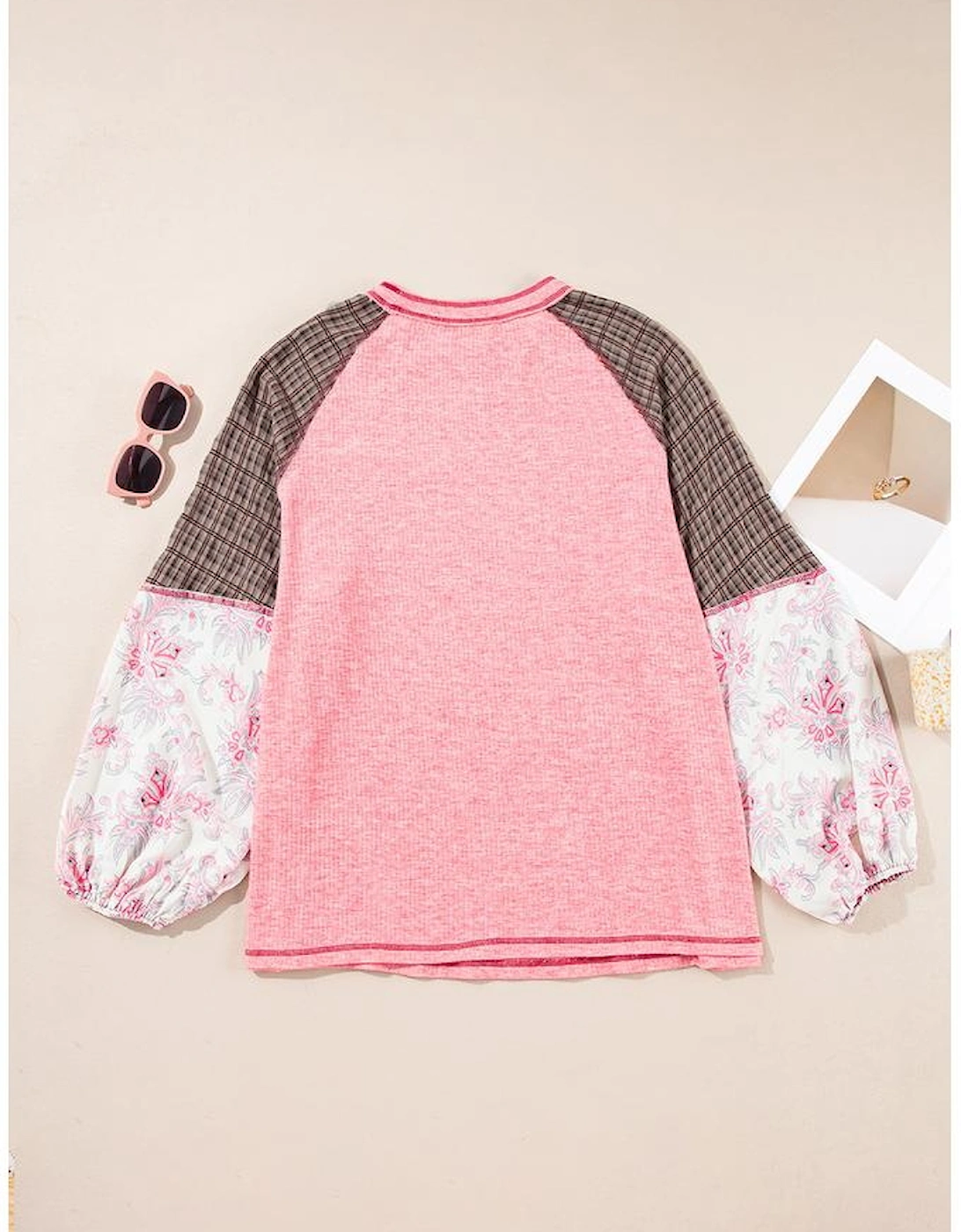 Pink Checkered Paisley Patchwork Raglan Sleeve Seamed Plus Size Top