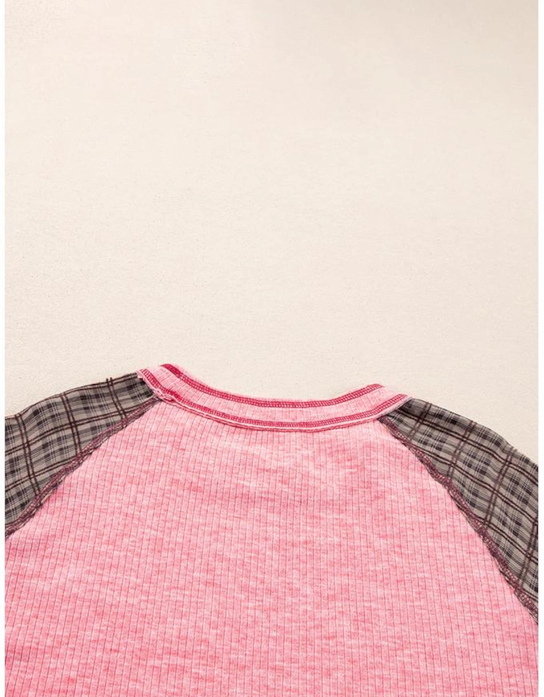 Pink Checkered Paisley Patchwork Raglan Sleeve Seamed Plus Size Top