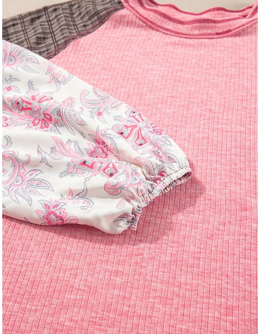 Pink Checkered Paisley Patchwork Raglan Sleeve Seamed Plus Size Top