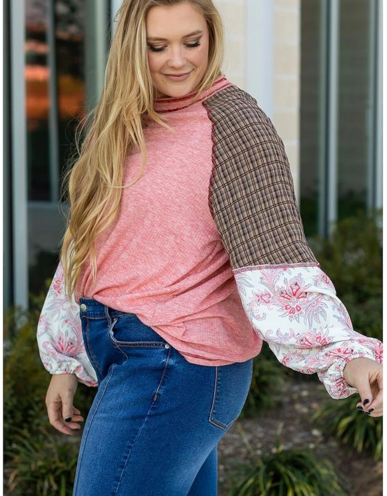 Pink Checkered Paisley Patchwork Raglan Sleeve Seamed Plus Size Top